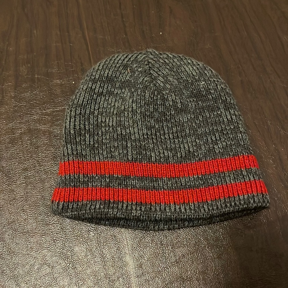 Grey Beanie with red stripes